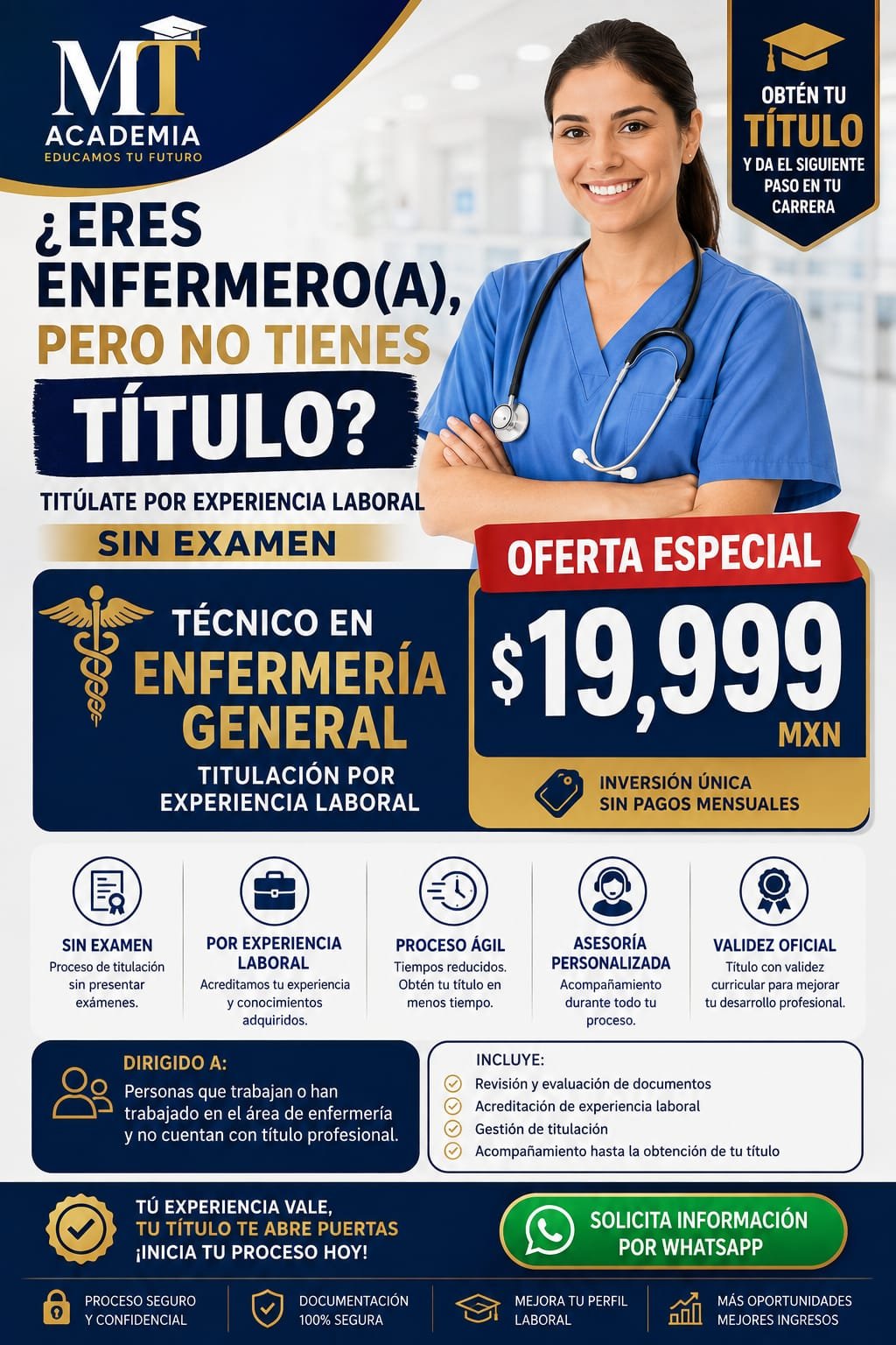 Oferta especial de titulación por experiencia laboral para Técnico en Enfermería General por $19,999 MXN